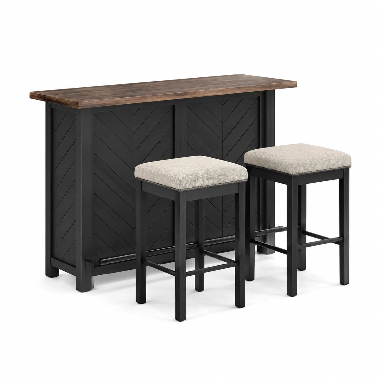 Bartisch-Set schwarz mit Eichenholzoberfläche und zwei Hockern