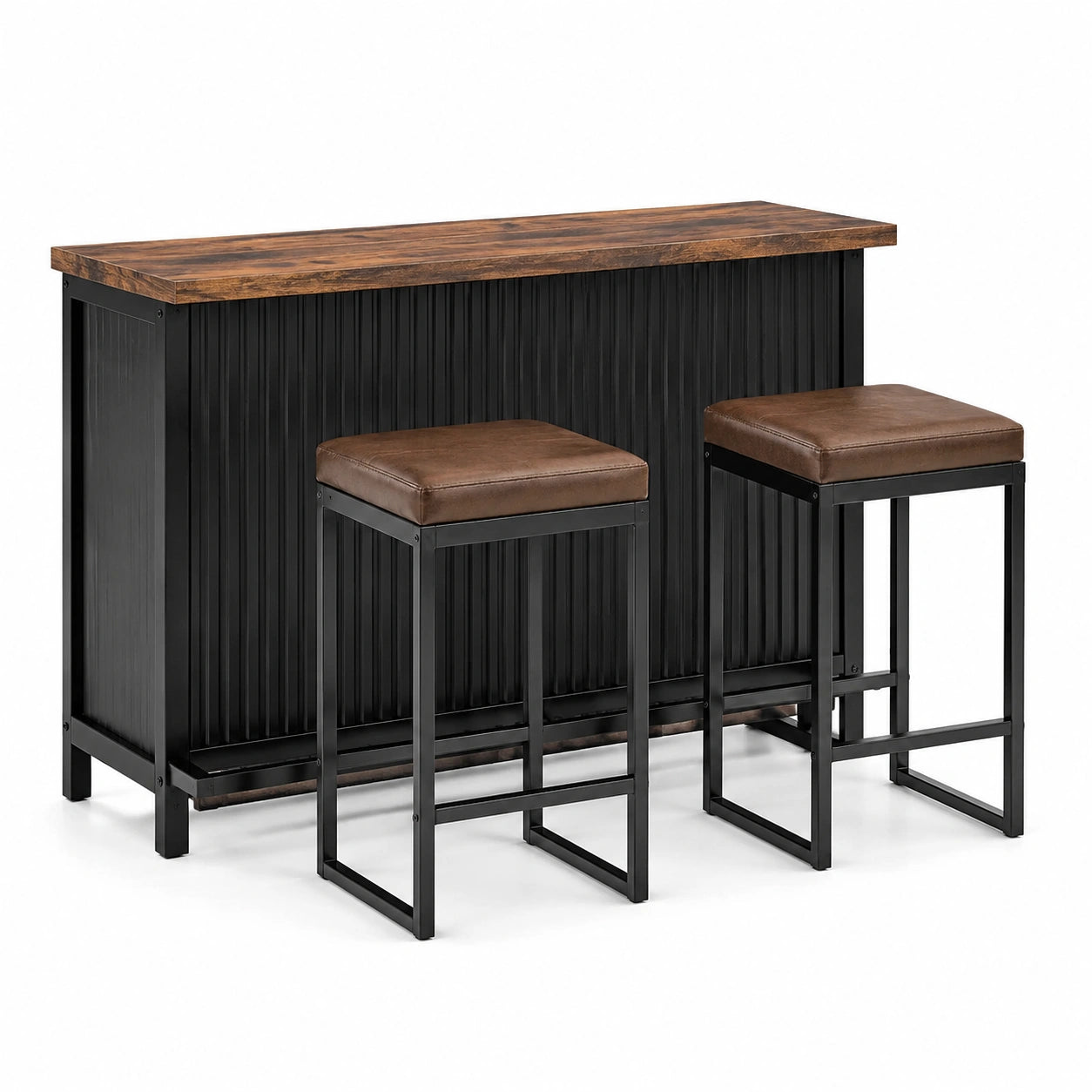 Bartisch-Set aus Stahl und Massivholz mit zwei PU-Lederhockern