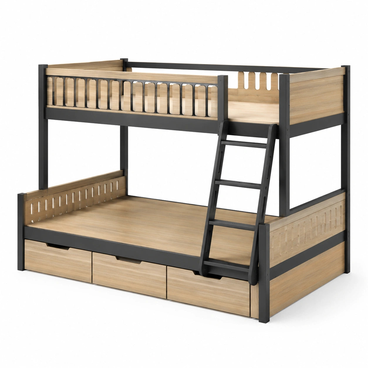 Etagenbett mit Schubladen Stahl/Massivholz 90x200cm Natur/Schwarz